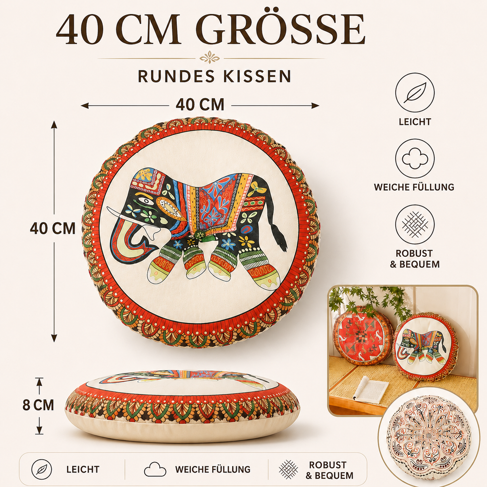 Komfortables Boho-Rundkissen, ideal als Meditationskissen oder Dekokissen für Wohnzimmer.