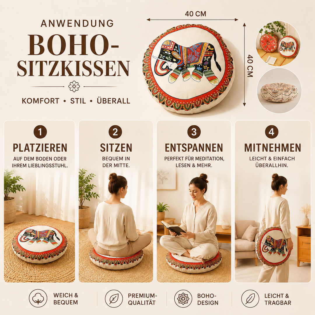 Gemütliches Dekokissen, rund und weich, im Bohemian Design, wertet Ihr Zuhause auf.