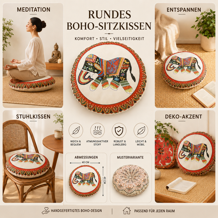 Stilvolles Polyester Bodenkissen, rund, für gemütliche Boho-Atmosphäre in jedem Raum.