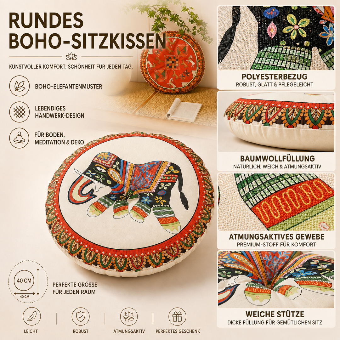 Weiches rundes Sitzkissen im Bohemian Stil, perfekt für Lese- oder Entspannungsecken.