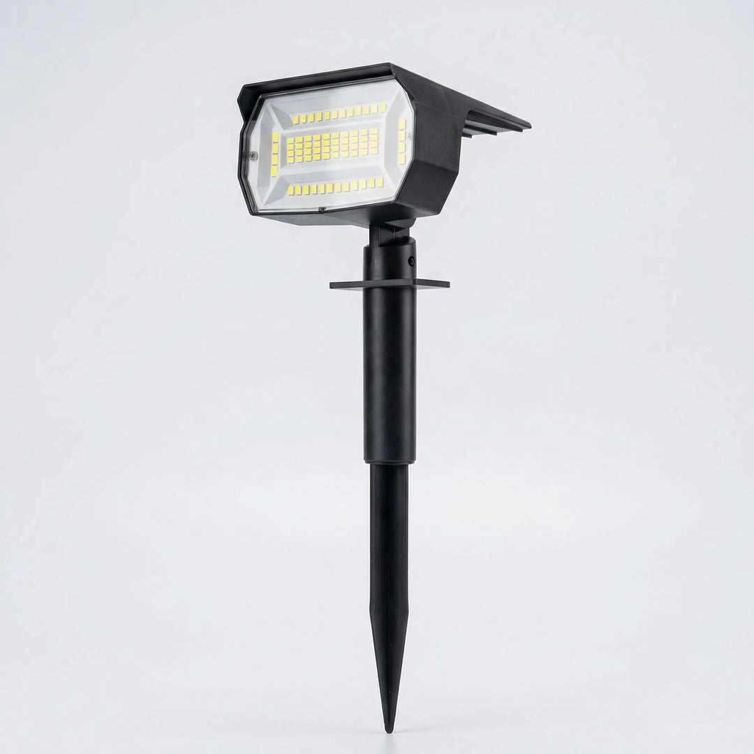 Moderner Solar Erdspießstrahler mit LED für Gartenwege. Kabellose, energieeffiziente Außenbeleuchtung.