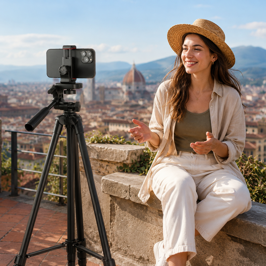 Leichtes Reisestativ für Smartphone und Action-Kamera aus Aluminium.