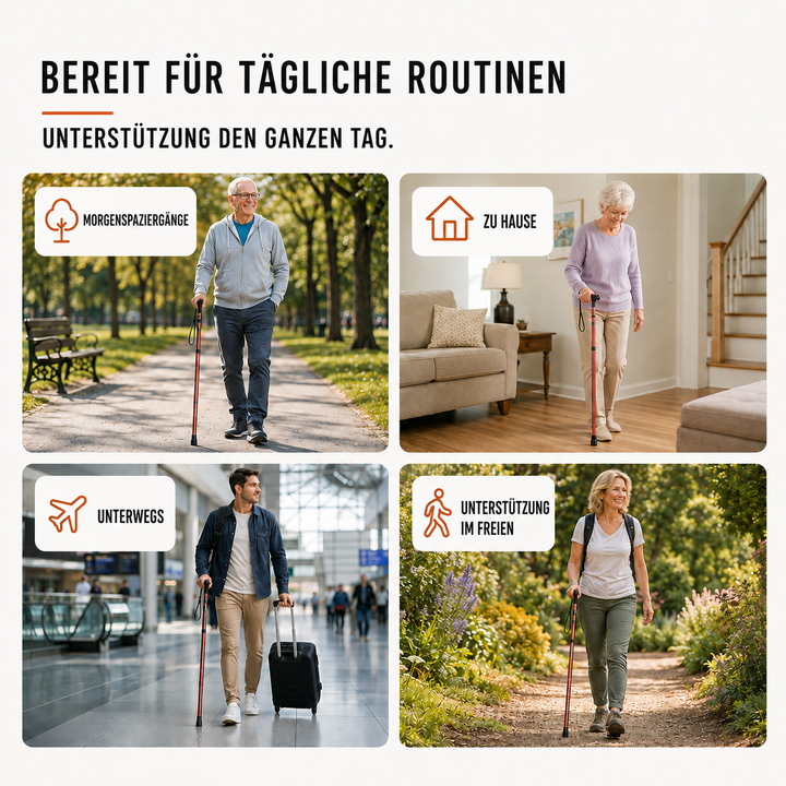 Praktische faltbare Gehhilfe für mehr Mobilität & Stabilität beim Gehen, sicherer Halt auf jedem Untergrund.