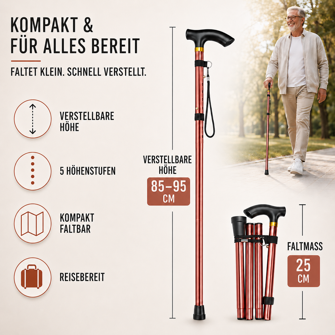 Stabiler Teleskop-Gehstock für Sicherheit beim Wandern, mit rutschfester Gummikappe & ergonomischem Griff.