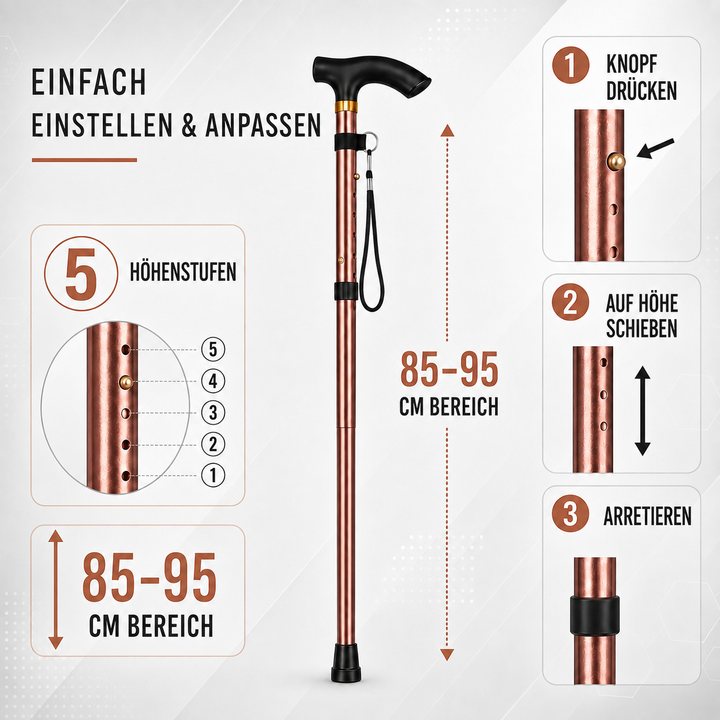 Höhenverstellbarer Teleskop-Wanderstock, ideal für verschiedene Körpergrößen & Terrains, stabil & robust.
