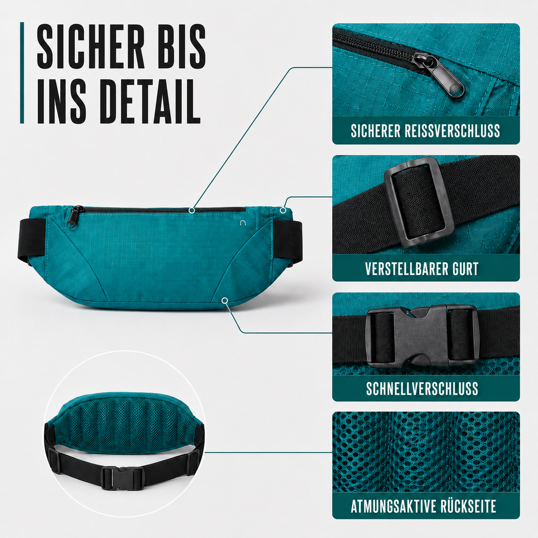 Wasserdichte Sport-Hüfttasche unisex zum Laufen, Reisen & Alltag. Bietet Platz für Essentials.