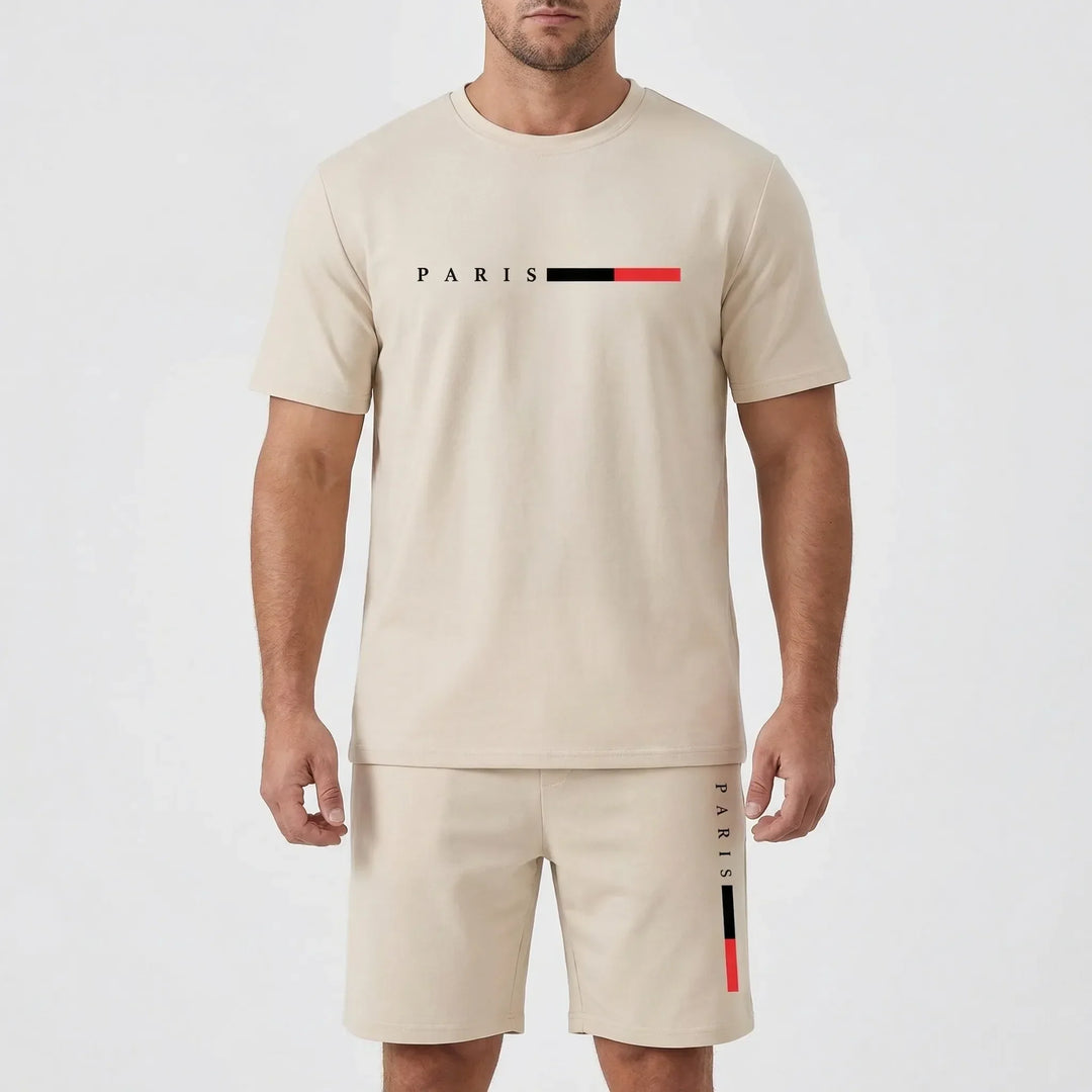 Herren Sommerkleidung: Freizeitanzug mit Kurzarm-Shirt & Sporthosen für entspannte Tage.