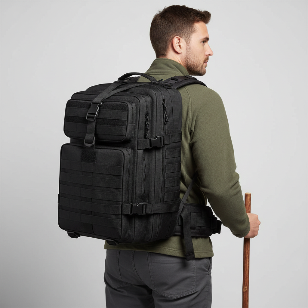 Großer schwarzer Outdoor Rucksack 50 Liter, ideal als Wanderrucksack oder Reisegepäck.