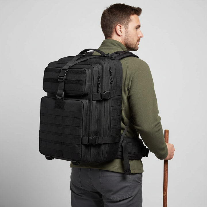 Großer schwarzer Outdoor Rucksack 50 Liter, ideal als Wanderrucksack oder Reisegepäck.