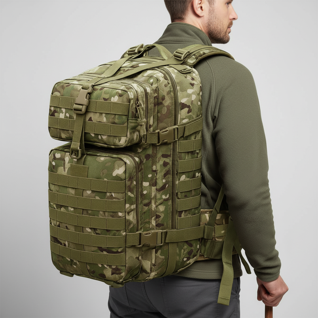 Taktischer 50L Rucksack in Schwarz, Unisex Design, perfekt für Militär, Wandern, Survival.