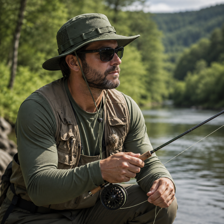 Herren Sonnenschutz Boonie Hut, taktisch, breiter Rand, Militärgrün, komfortable Outdoor Kopfbedeckung.