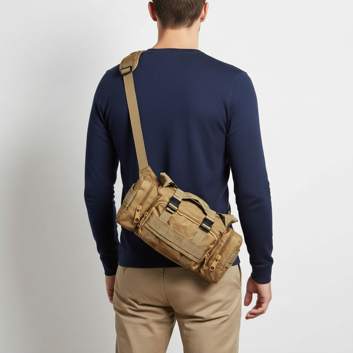 Detailansicht der Unisex Hüfttasche mit Reißverschlüssen und Fächern.