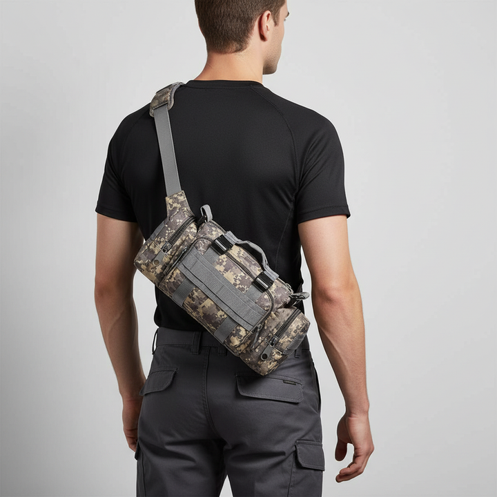 Nahaufnahme der Nylon-Oberfläche der taktischen Unisex Slingtasche.
