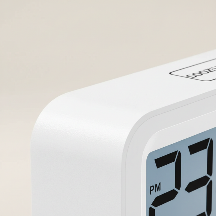 Eleganter weißer LED Wecker auf Nachttisch, zeigt Uhrzeit, Temperatur & Luftfeuchte an. Ideal für modernes Schlafzimmer.