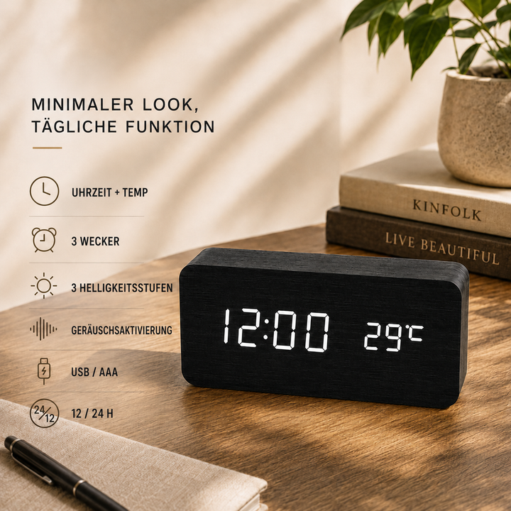 Zeitloser LED-Digitalwecker aus Holz, minimalistisch, mit Temperaturanzeige, batteriebetrieben.