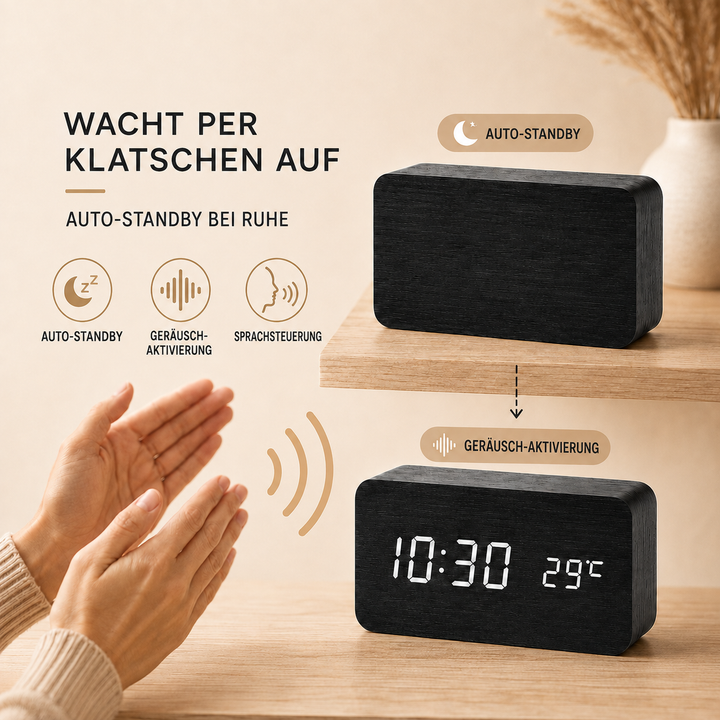 Zeitlos schöner Holz-LED-Wecker, digital, mit Thermometerfunktion, ideal für jeden Raum.