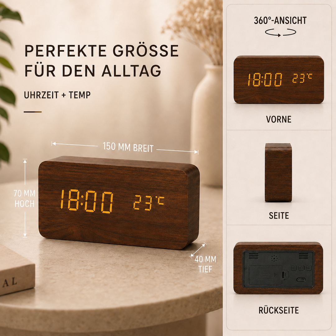 Eleganter Holzwecker, digital, mit LED-Display und Temperaturanzeige für Nachttisch/Schreibtisch.