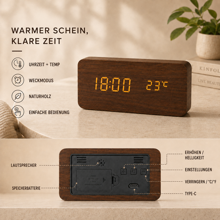 Batteriebetriebener Holzwecker mit LED-Anzeige und Temperatur, perfekt für modernes Ambiente.