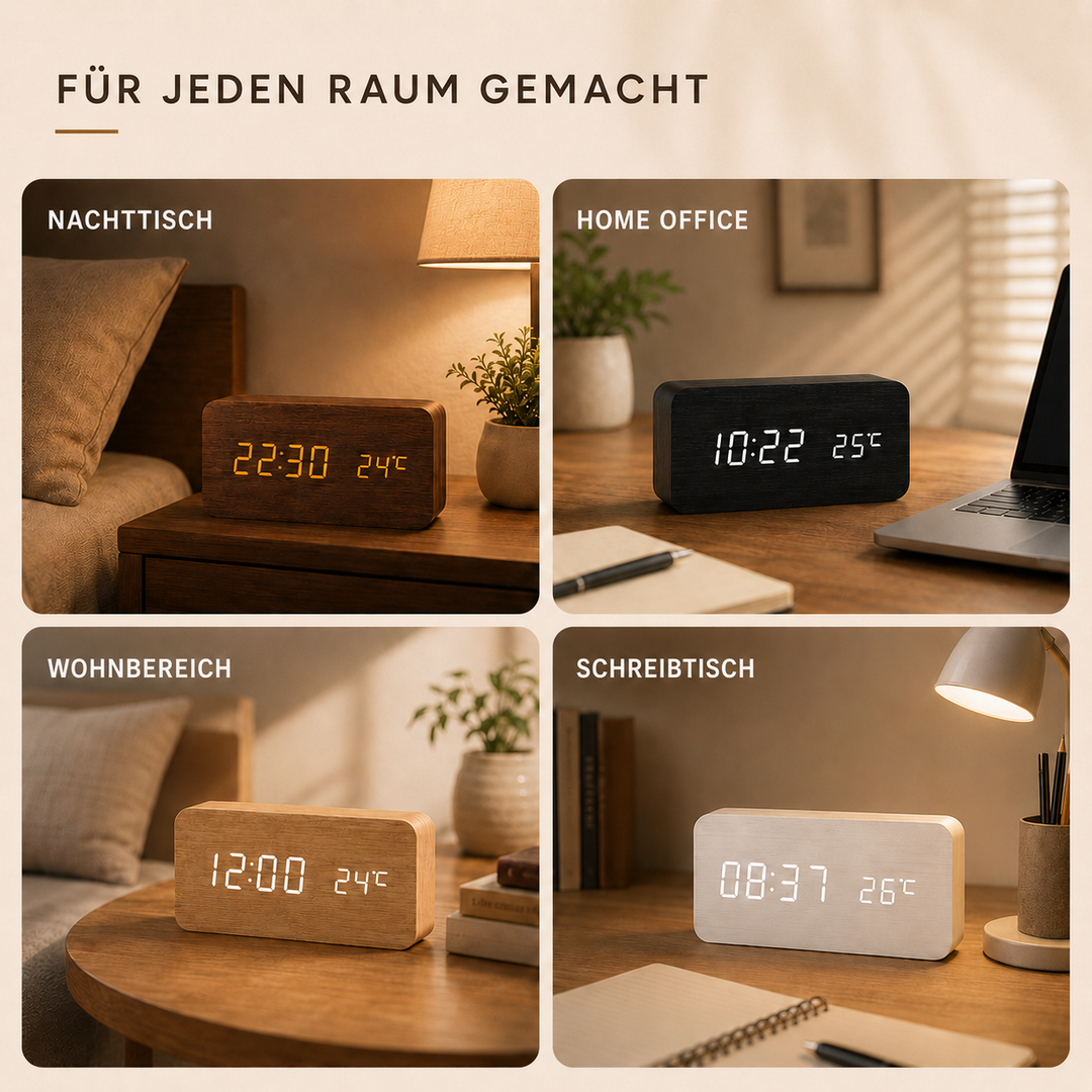 Digitaler LED-Wecker in Holzoptik mit Temperaturanzeige, ein funktionelles Wohnaccessoire.