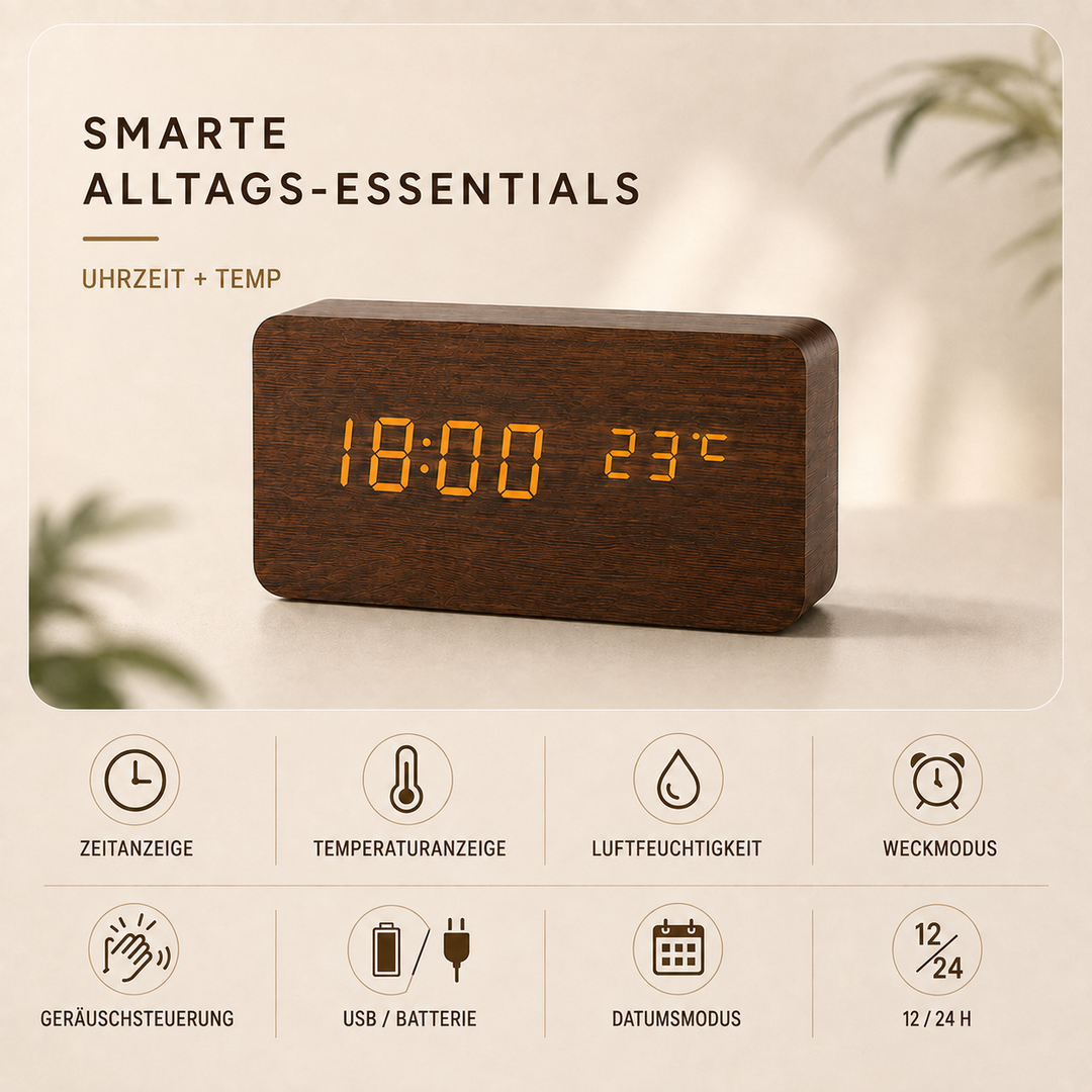 Schlichter Holz-LED-Wecker als Wohnaccessoire, zeigt Zeit und Temperatur präzise an.