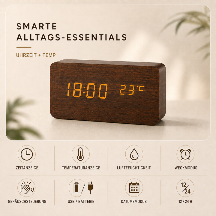 Schlichter Holz-LED-Wecker als Wohnaccessoire, zeigt Zeit und Temperatur präzise an.
