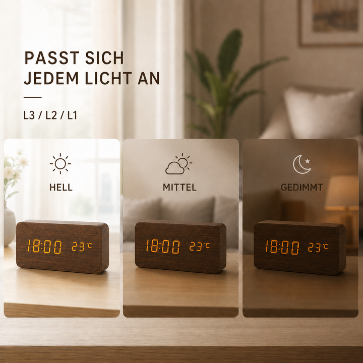 Kompakter Digitalwecker aus Holz mit minimalistischem Design und klarer LED-Temperaturanzeige.