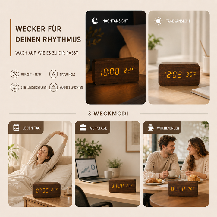 Moderner Nachttischwecker aus Holz mit LED-Display, Zeit- und Temperaturanzeige, stilvoll.