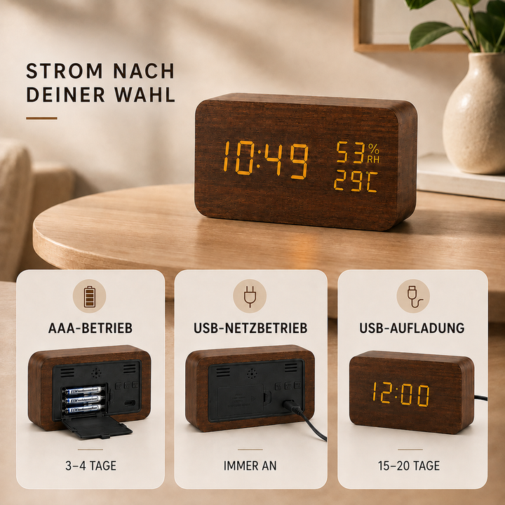 Stylischer Holzwecker mit LED-Anzeige, minimalistisch, zeigt präzise Uhrzeit und Temperatur.