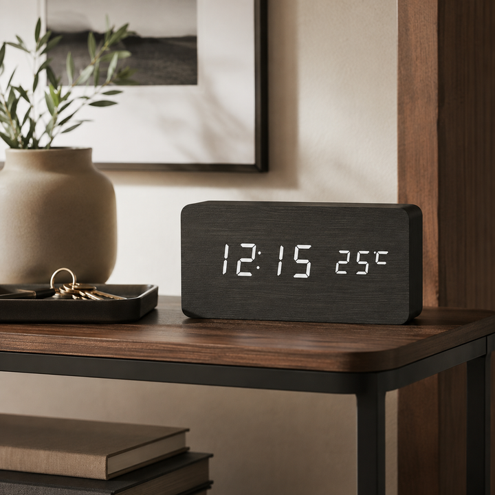 Zeitloser Digitalwecker aus Holz, minimalistisch, mit LED-Anzeige für Zeit und Temperatur.