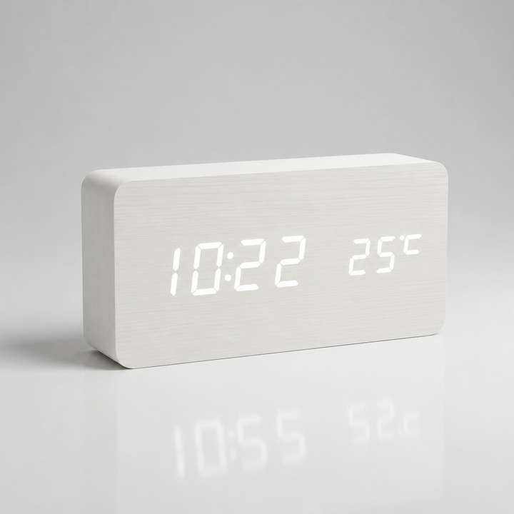 Moderner Digitalwecker aus Holz mit leuchtender LED-Anzeige und integrierter Temperatur.