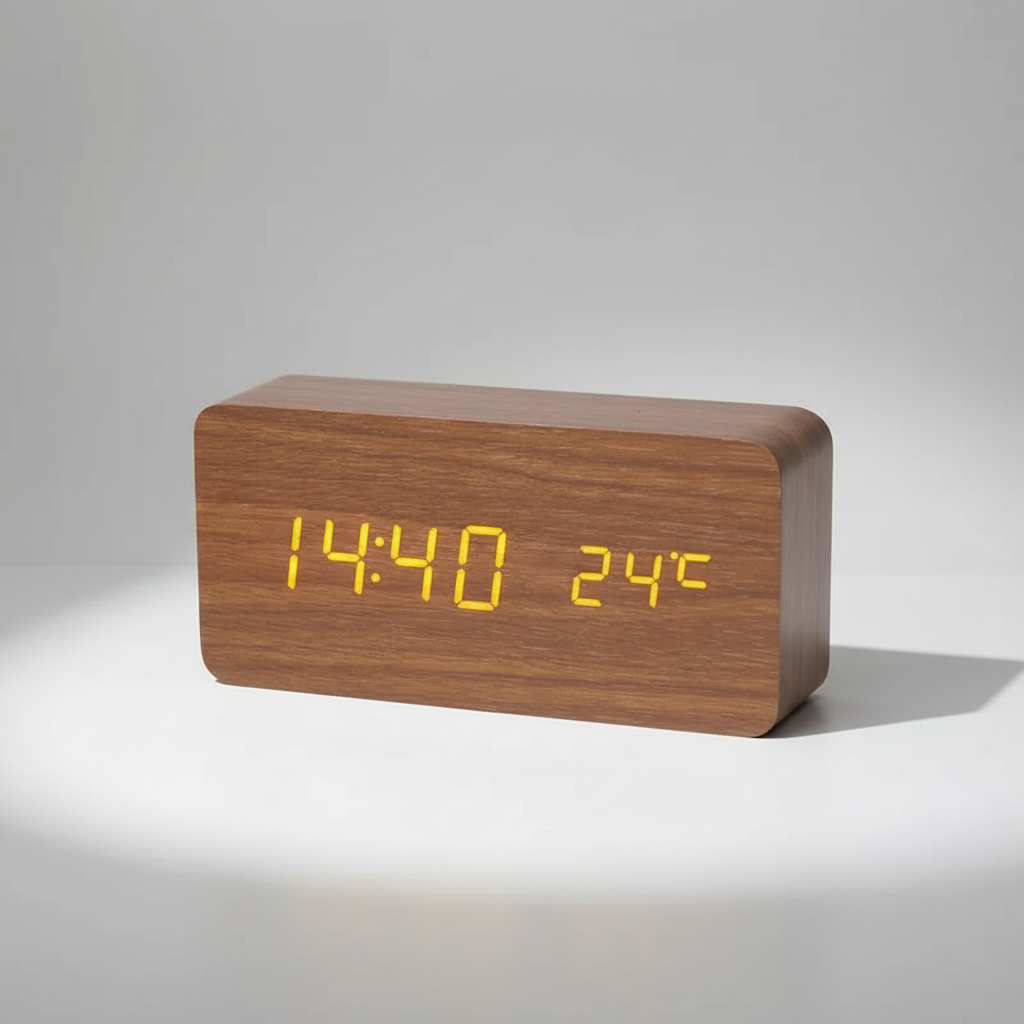 Moderner Holzwecker für das Schlafzimmer, mit klarer LED-Anzeige für Uhrzeit und Temperatur.