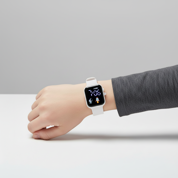Nahaufnahme der Kinder Smartwatch, Touchscreen mit Astronauten-Motiv & digitaler Uhr.