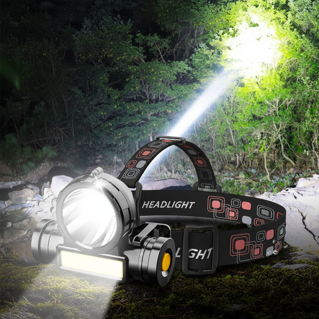 Schwarze, aufladbare USB-Stirnlampe mit hellem LED-Licht, ideal für Outdoor-Abenteuer, Wandern und Camping.