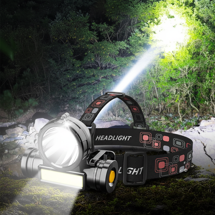 Schwarze, aufladbare USB-Stirnlampe mit hellem LED-Licht, ideal für Outdoor-Abenteuer, Wandern und Camping.