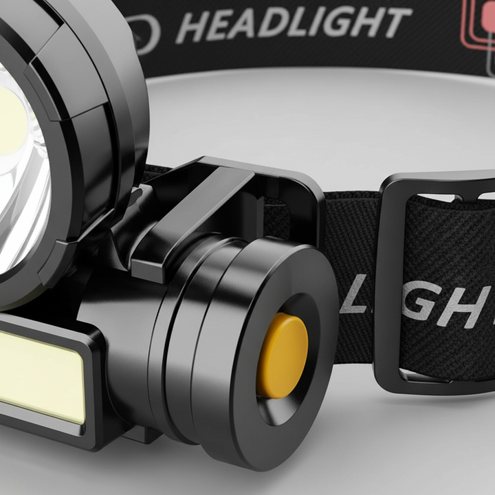 Kompakte, schwarze aufladbare Stirnlampe mit USB-Anschluss, robust für jedes Outdoor-Erlebnis.