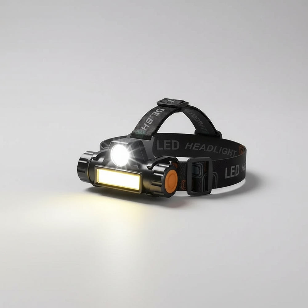 Person mit leuchtender LED-Stirnlampe beim Wandern im Dunkeln; freihändiges Licht für Outdoor-Abenteuer.