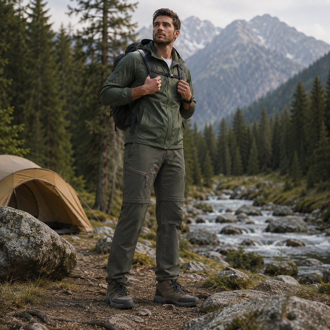 Khaki Herren Zip-off Outdoorhose. Schnelltrocknend & robust für aktive Sommer-Abenteuer.