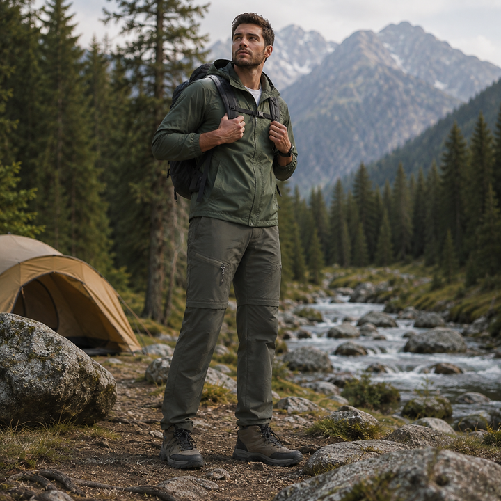 Khaki Herren Zip-off Outdoorhose. Schnelltrocknend & robust für aktive Sommer-Abenteuer.