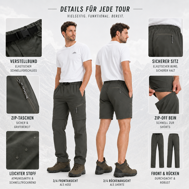 Khaki Herren Outdoor-Hose mit Zip-off Funktion. Ideal als Wanderhose für Camping & Abenteuer.