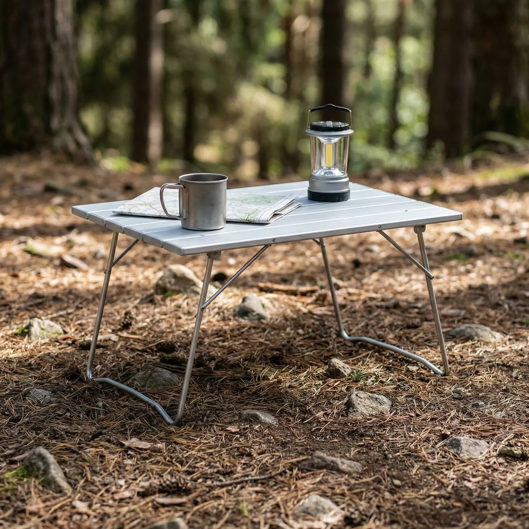 Faltbarer Mini-Campingtisch kompakt zusammengeklappt, ultraleicht & platzsparend für Rucksack & Reise.