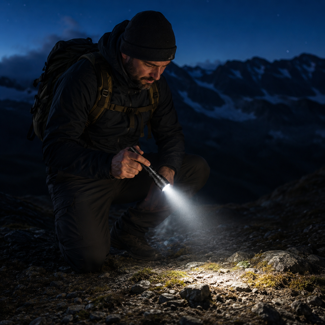 Zuverlässige LED-Taschenlampe, wiederaufladbar, mit Powerbank, ideal für Outdoor-Survival.