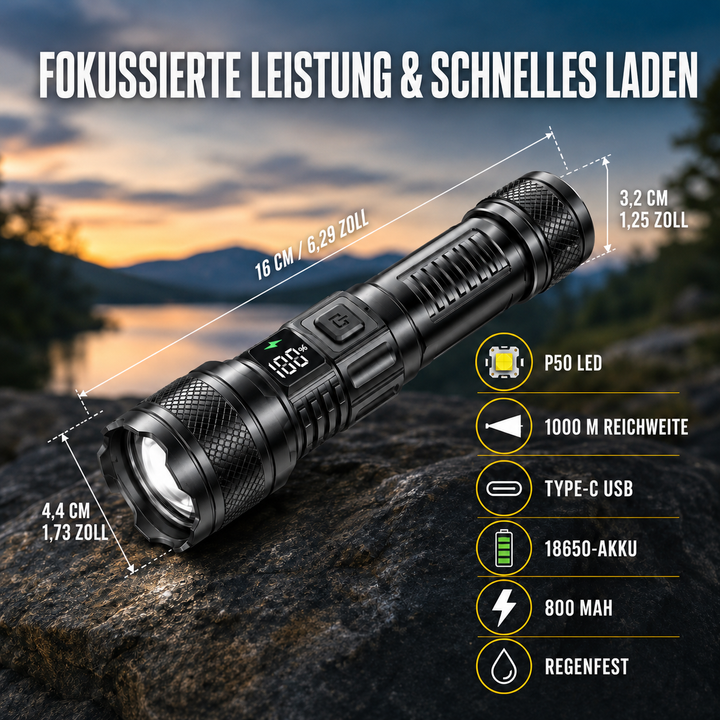 Kompakte wiederaufladbare LED-Taschenlampe mit hoher Leuchtkraft für Wandern.