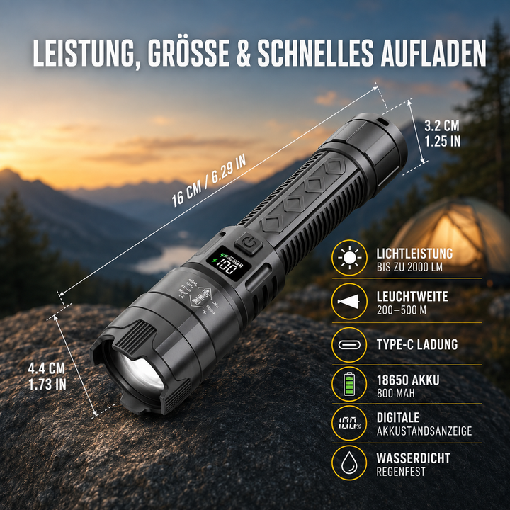 Helle LED-Taschenlampe für Outdoor, wiederaufladbar, mit Zoom & Powerbank-Funktion.