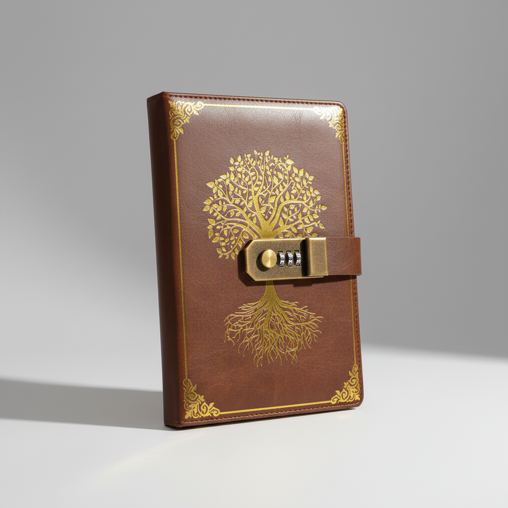 A5 Tagebuch mit Zahlenschloss, PU-Leder, ideal als Geschenkidee für Journaling-Liebhaber.