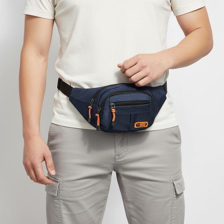 Komfortable, verstellbare Unisex Hüfttasche, wasserdicht und mit Fächern, ideal für lange Wanderungen.