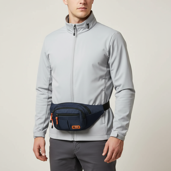 Rückansicht der wasserdichten Hüfttasche mit atmungsaktivem Mesh-Panel für Komfort bei Sport & Outdoor.