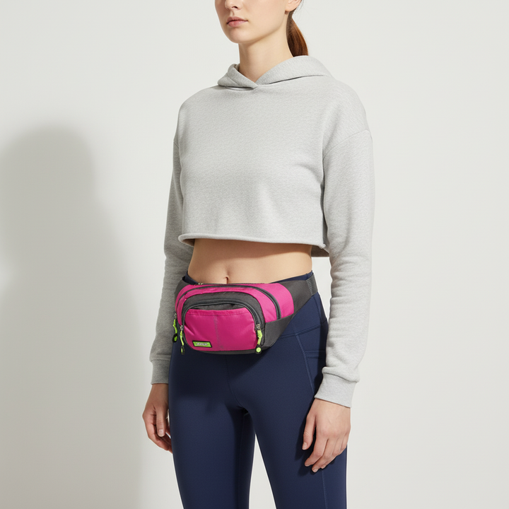 Organisierte Fächer in wasserdichter Nylon-Hüfttasche, ideal für Reisen und den aktiven Alltag.