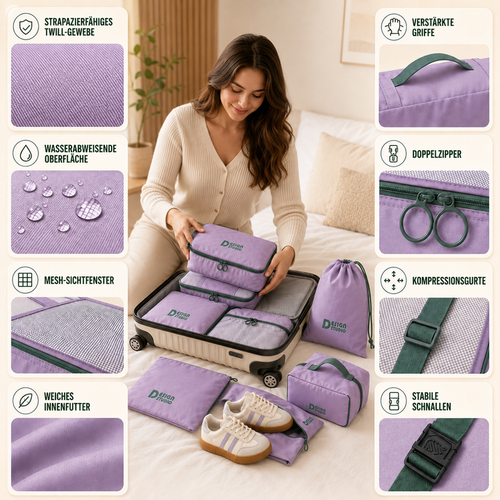 Gepäckorganisation leicht gemacht: 7-teiliges Packwürfel-Set für Kleidung, Schuhe und Wäsche auf Reisen.