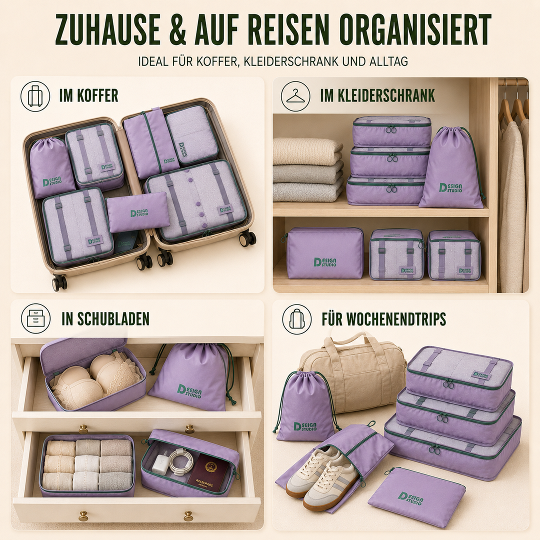 Großes 7-teiliges Packwürfel-Set für alle Reisebedürfnisse; optimiert den Platz im Gepäck.