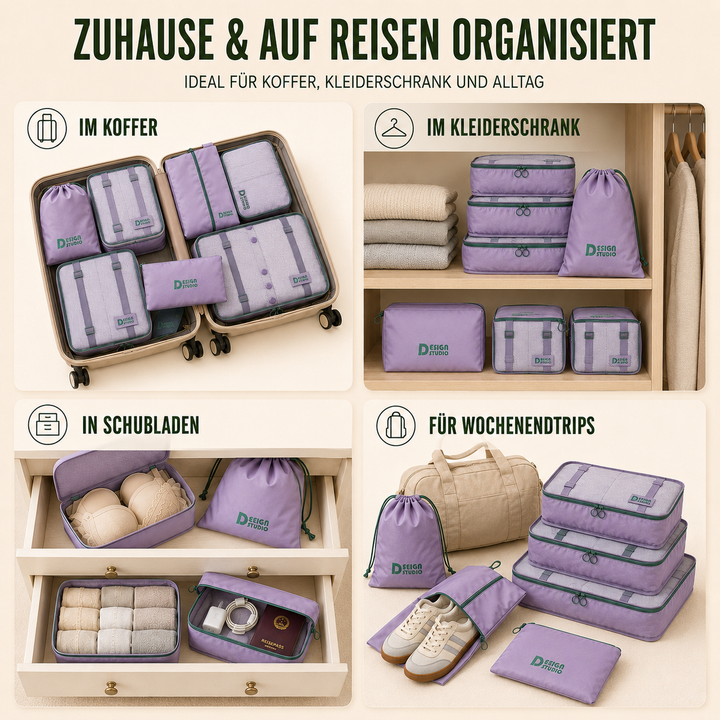 Großes 7-teiliges Packwürfel-Set für alle Reisebedürfnisse; optimiert den Platz im Gepäck.